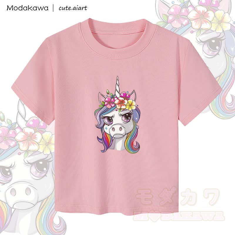 MODAKAWA X cute.aiart Damen-Crop-Top mit Grumpy Unicorn Grafik, 92 % gekämmte Baumwolle - Rosa - XL - image 1