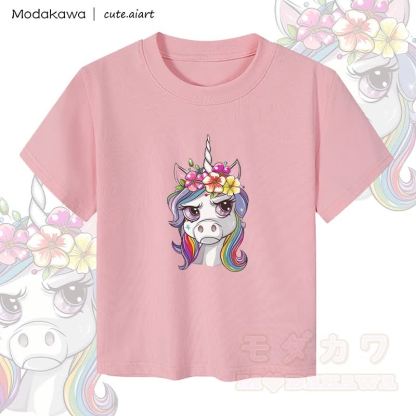 MODAKAWA X cute.aiart Damen-Crop-Top mit Grumpy Unicorn Grafik, 92 % gekämmte Baumwolle - Rosa - XL - image 1
