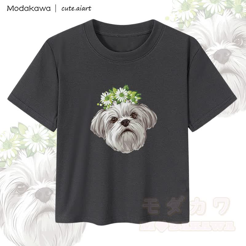 MODAKAWA X cute.aiart Damen-Crop-Top mit Blumen- und Welpenmotiv, 92 % gekämmte Baumwolle - Schwarz - XL - image 2