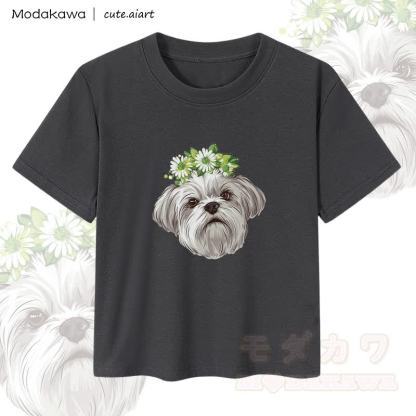 MODAKAWA X cute.aiart Damen-Crop-Top mit Blumen- und Welpenmotiv, 92 % gekämmte Baumwolle - Schwarz - XL - image 2