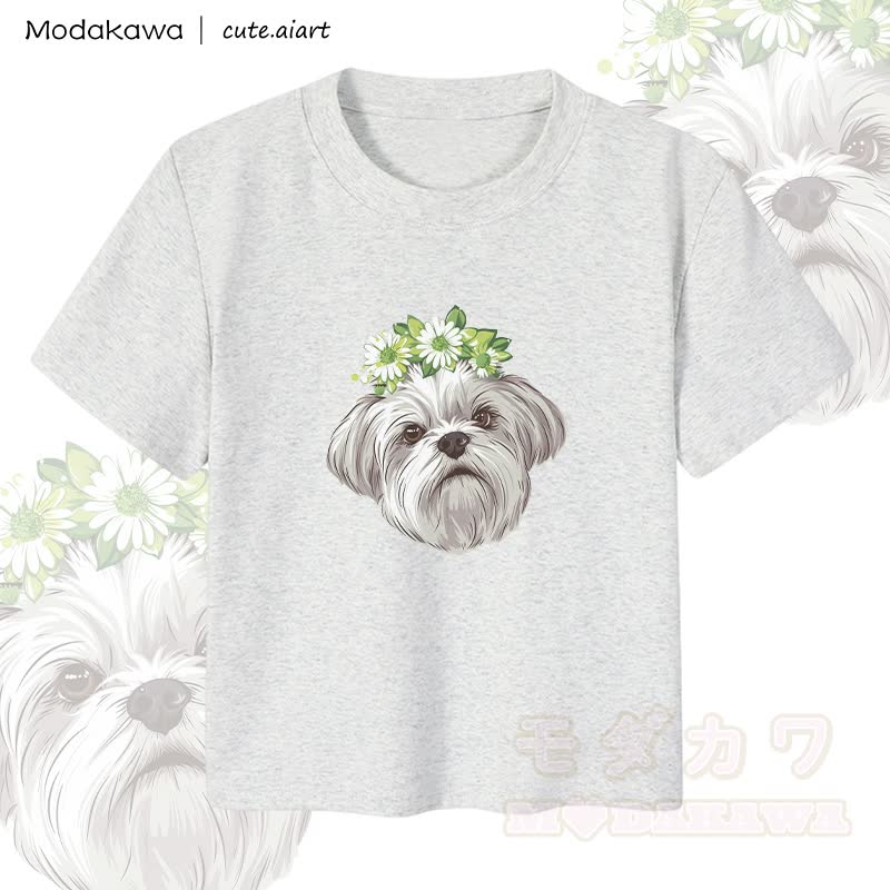 MODAKAWA X cute.aiart Damen-Crop-Top mit Blumen- und Welpenmotiv, 92 % gekämmte Baumwolle - Grau - XL - image 1