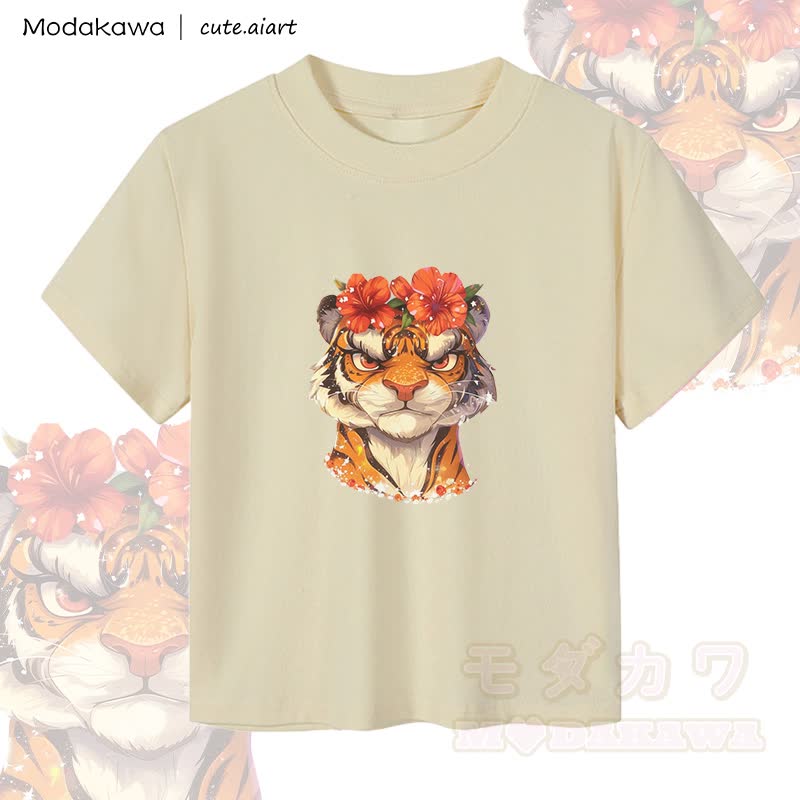 MODAKAWA X cute.aiart Damen-Crop-Top mit Blumen- und Tigermotiv, 92 % gekämmte Baumwolle - Aprikose - XL - image 1