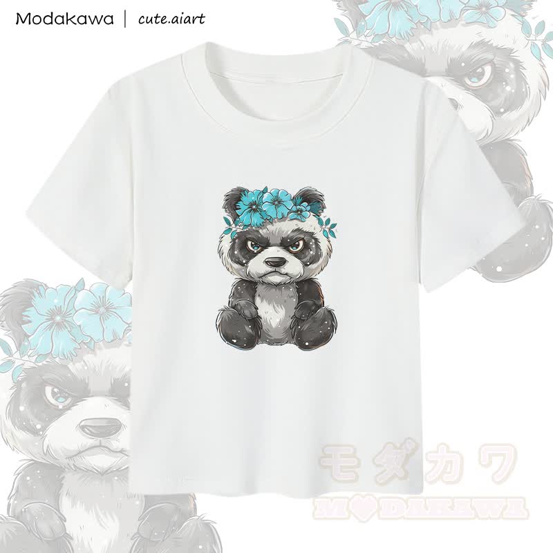MODAKAWA X cute.aiart Damen-Crop-Top mit Blumen-Panda-Motiv, 92 % gekämmte Baumwolle - Weiß - XL - image 2
