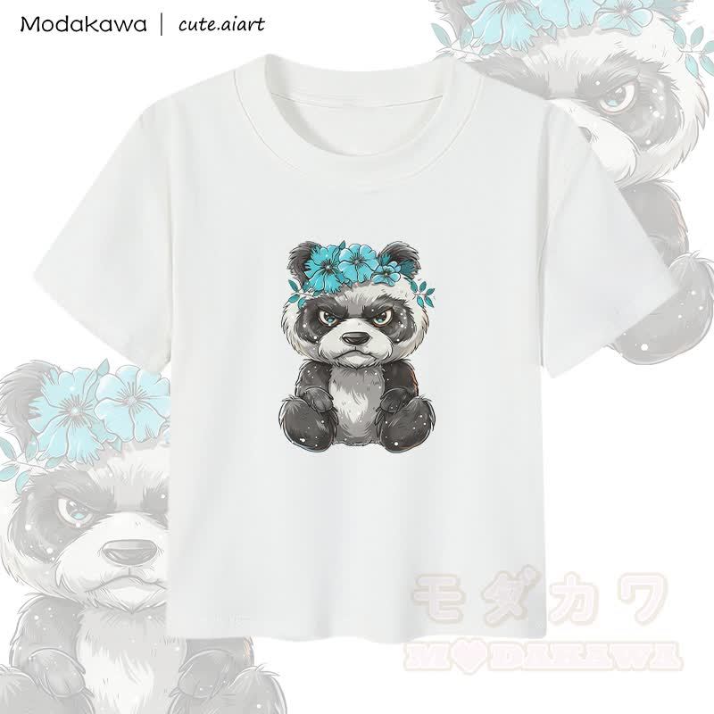 MODAKAWA X cute.aiart Damen-Crop-Top mit Blumen-Panda-Motiv, 92 % gekämmte Baumwolle - Weiß - XL - image 2