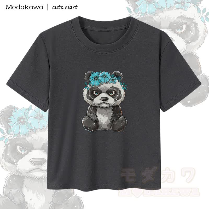 MODAKAWA X cute.aiart Damen-Crop-Top mit Blumen-Panda-Motiv, 92 % gekämmte Baumwolle - Schwarz - XL - image 1