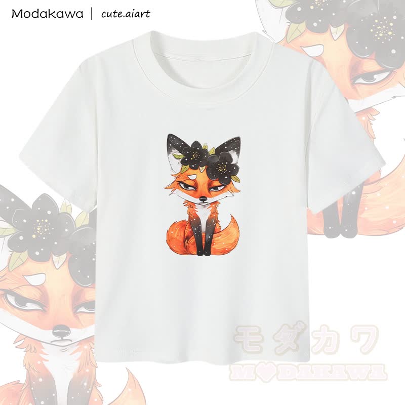 MODAKAWA X cute.aiart Damen-Crop-Top mit Blumen- und Fuchsmotiv, 92 % gekämmte Baumwolle - Weiß - XL - image 2