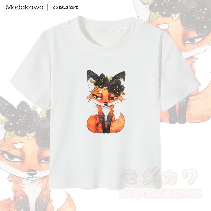 MODAKAWA X cute.aiart Damen-Crop-Top mit Blumen- und Fuchsmotiv, 92 % gekämmte Baumwolle - Weiß - XL - image 2