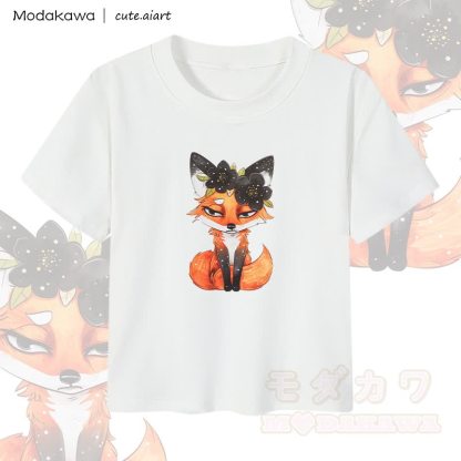 MODAKAWA X cute.aiart Damen-Crop-Top mit Blumen- und Fuchsmotiv, 92 % gekämmte Baumwolle - Weiß - XL - image 2