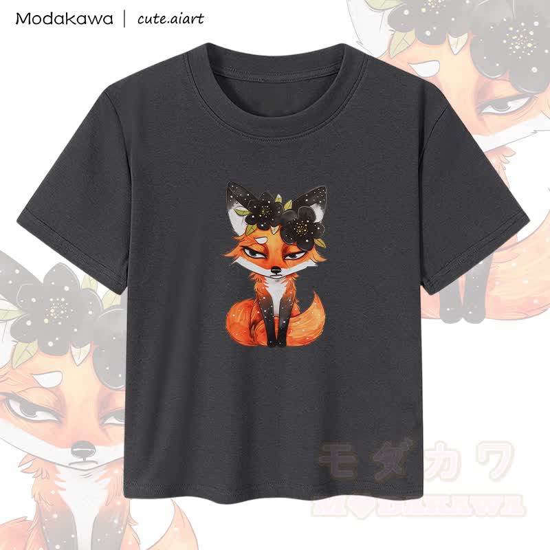 MODAKAWA X cute.aiart Damen-Crop-Top mit Blumen- und Fuchsmotiv, 92 % gekämmte Baumwolle - Schwarz - XL - image 1