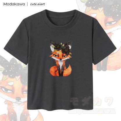 MODAKAWA X cute.aiart Damen-Crop-Top mit Blumen- und Fuchsmotiv, 92 % gekämmte Baumwolle - Schwarz - XL - image 1