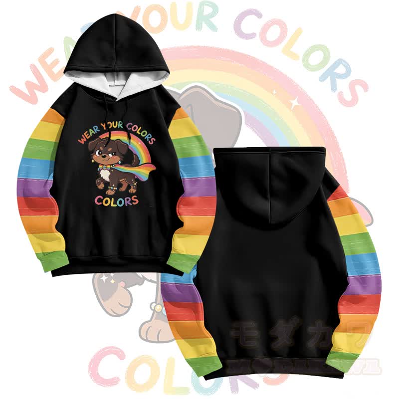 Zeig deine Farben! Modakawa Pullover-Hoodie mit Regenbogenwelpen-Motiv - Schwarz - 6XL - image 1
