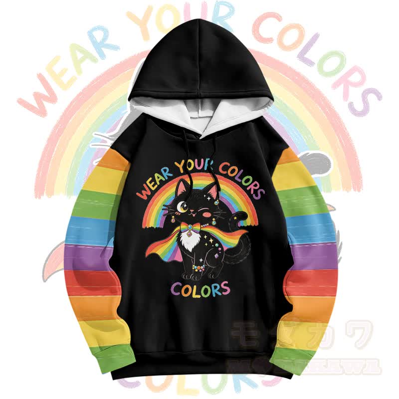 Zeig deine Farben! Modakawa Pullover-Hoodie mit Regenbogen- und schwarzer Katzengrafik - image 2