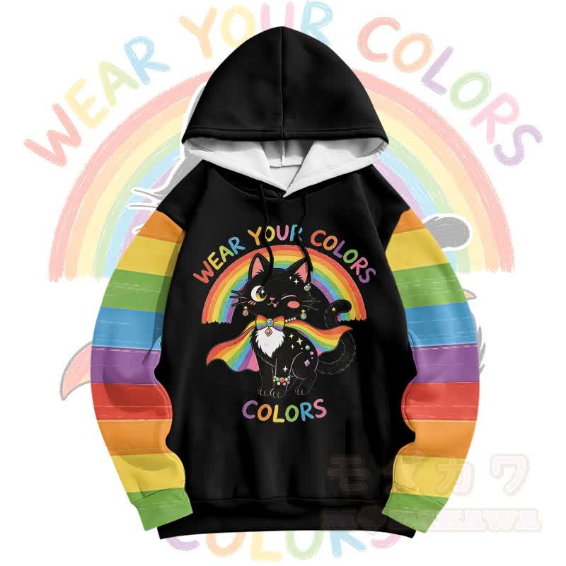 Zeig deine Farben! Modakawa Pullover-Hoodie mit Regenbogen- und schwarzer Katzengrafik - image 2