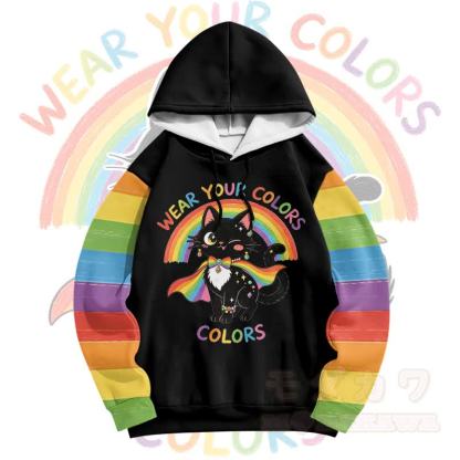 Zeig deine Farben! Modakawa Pullover-Hoodie mit Regenbogen- und schwarzer Katzengrafik - image 2