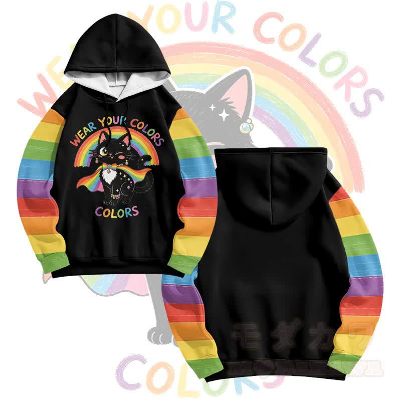 Zeig deine Farben! Modakawa Pullover-Hoodie mit Regenbogen- und schwarzer Katzengrafik - Schwarz - 6XL - image 1