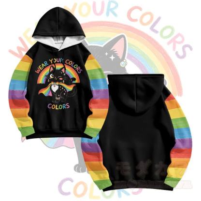 Zeig deine Farben! Modakawa Pullover-Hoodie mit Regenbogen- und schwarzer Katzengrafik - Schwarz - 6XL - image 1
