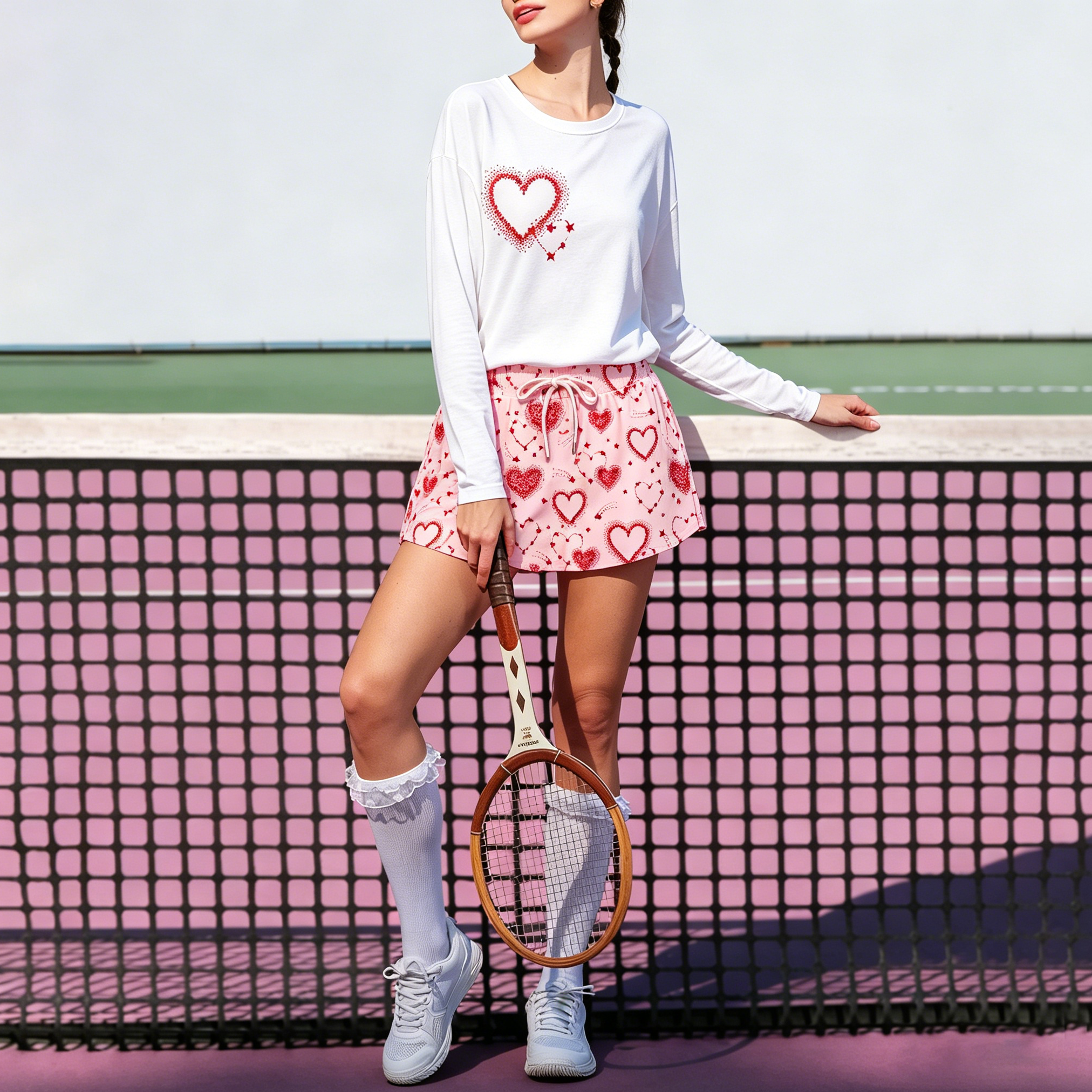 Modakawa Langarmshirt mit Herzmotiv und plissiertem Minirock/Shorts-Set - Set(Top+Shirt Shorts) - L - image 2