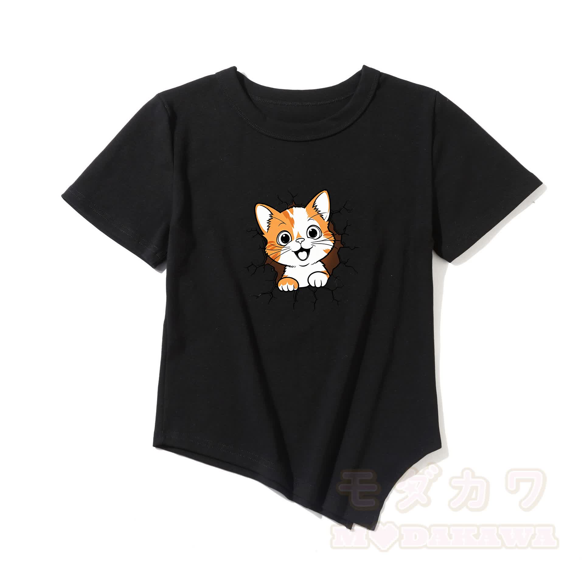 Modakawa Asymmetrisches T-Shirt mit niedlichem Katzenmotiv - Schwarz - One Size - image 5