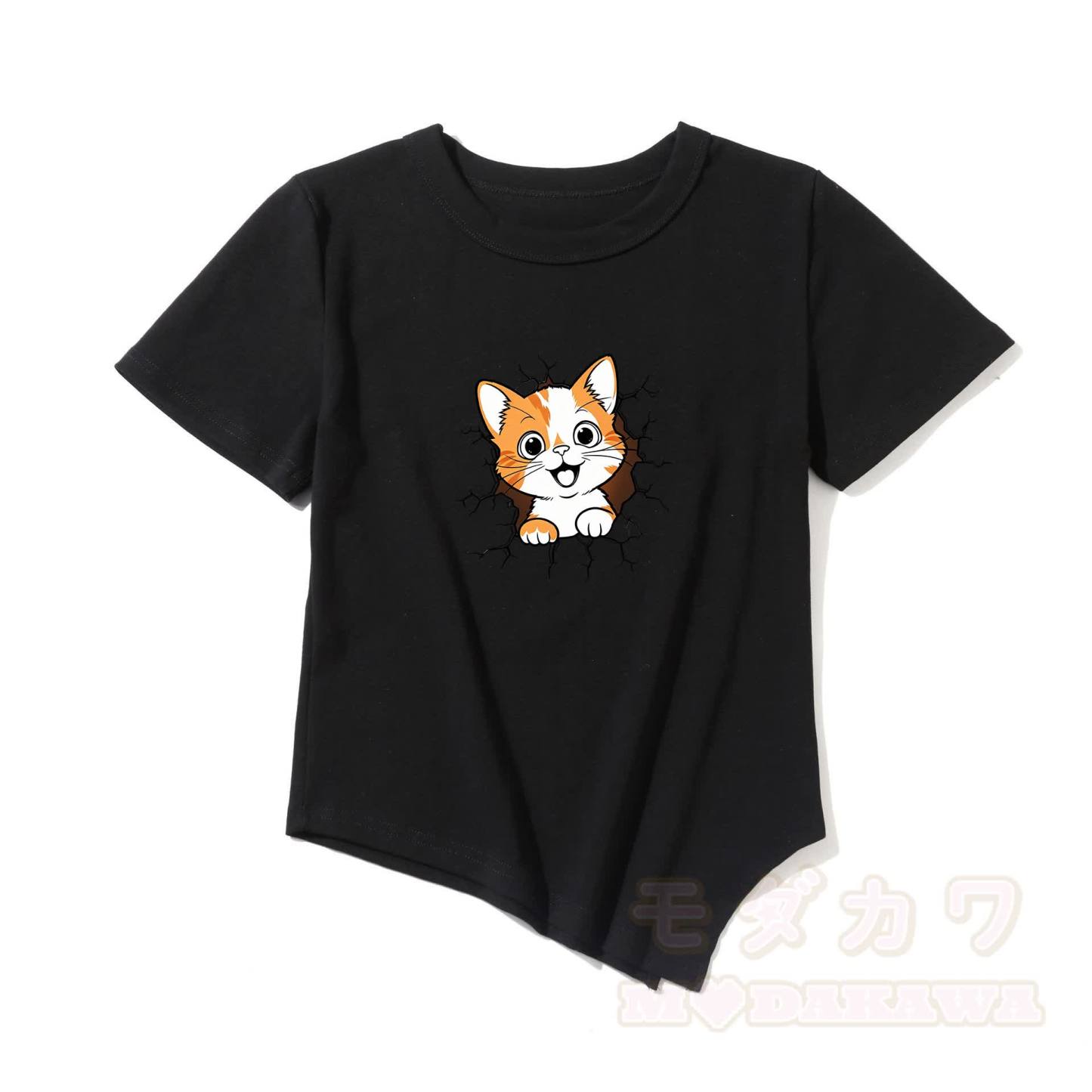 Modakawa Asymmetrisches T-Shirt mit niedlichem Katzenmotiv - Schwarz - One Size - image 5