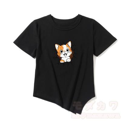 Modakawa Asymmetrisches T-Shirt mit niedlichem Katzenmotiv - Schwarz - One Size - image 5