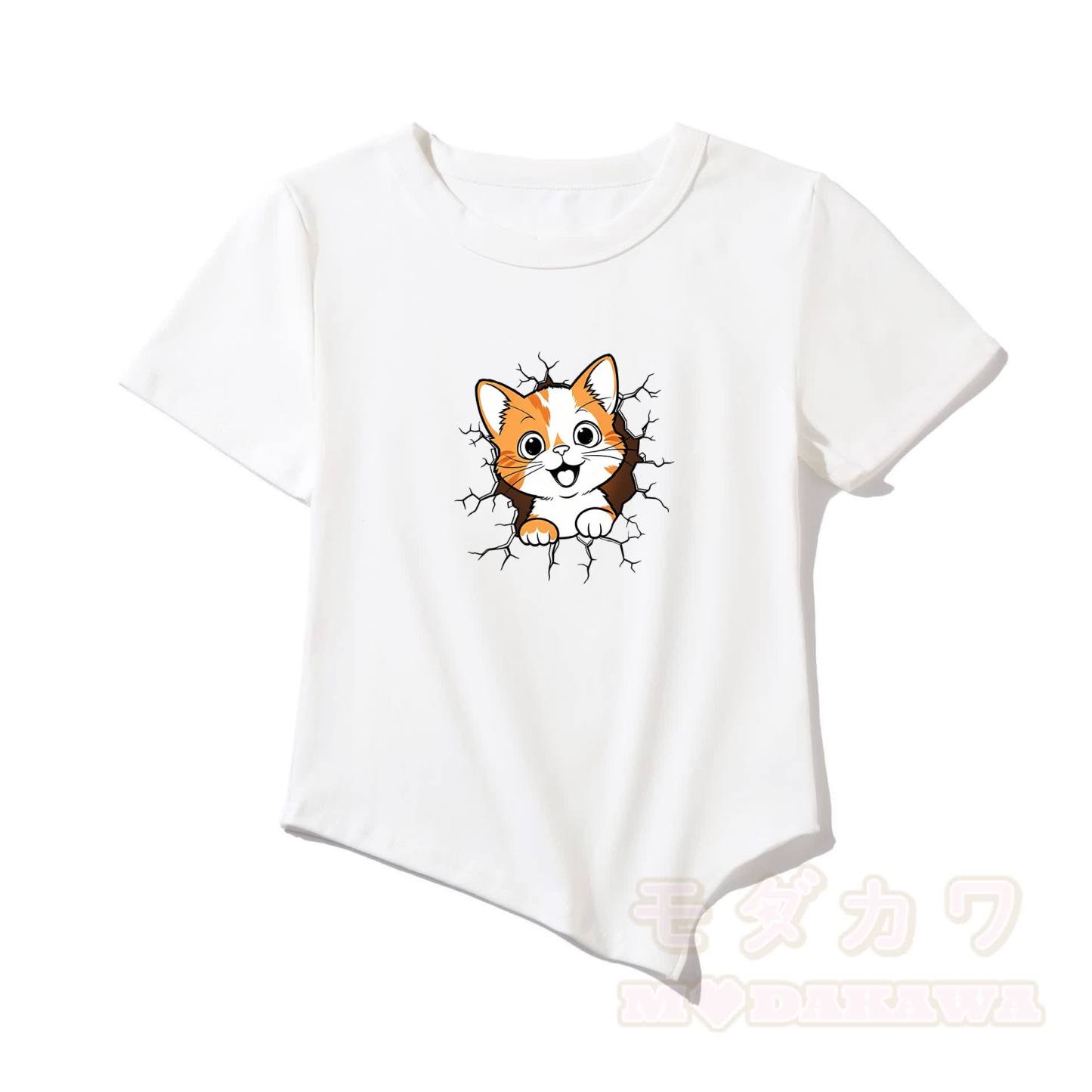 Modakawa Asymmetrisches T-Shirt mit niedlichem Katzenmotiv - Weiß - One Size - image 4