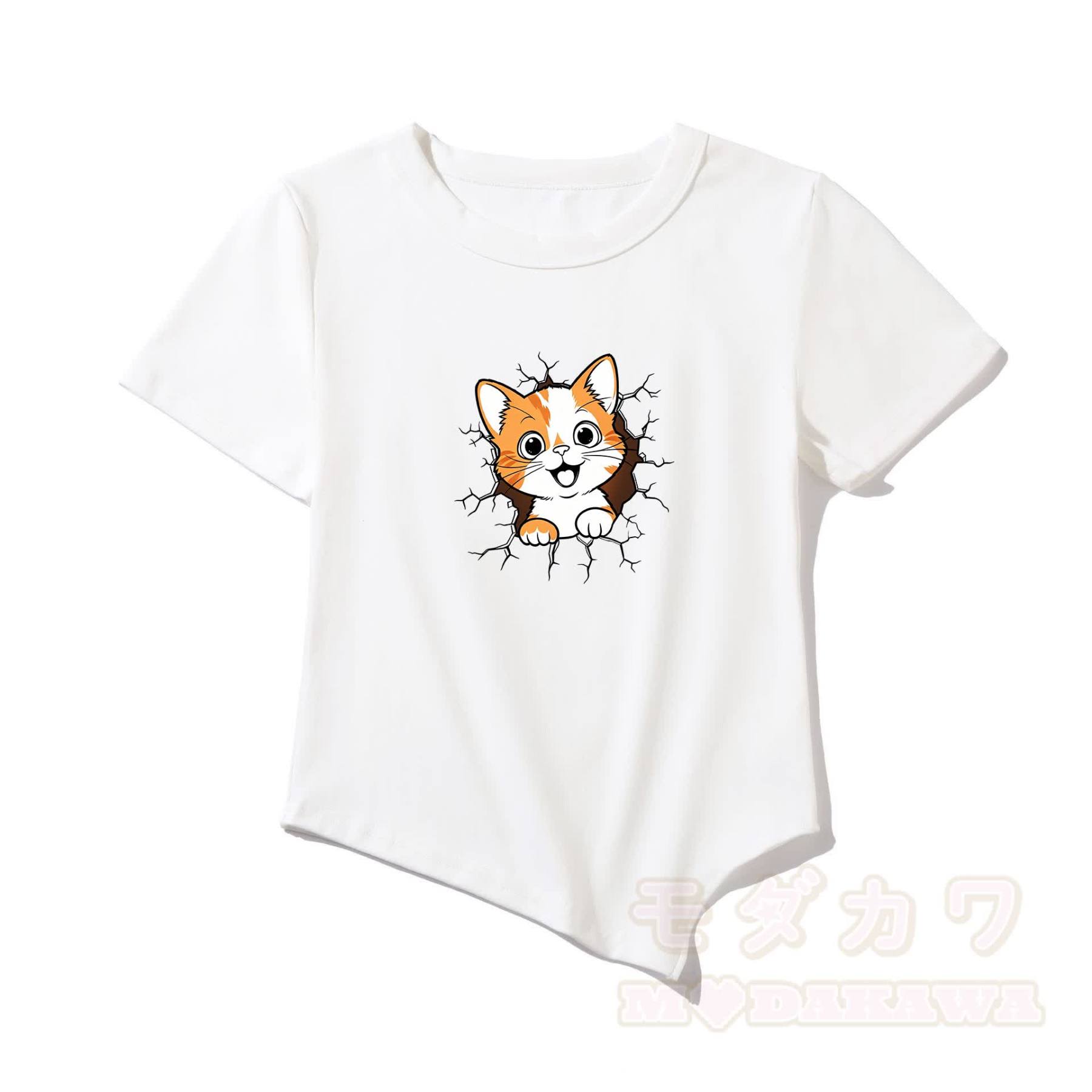Modakawa Asymmetrisches T-Shirt mit niedlichem Katzenmotiv - Weiß - One Size - image 4