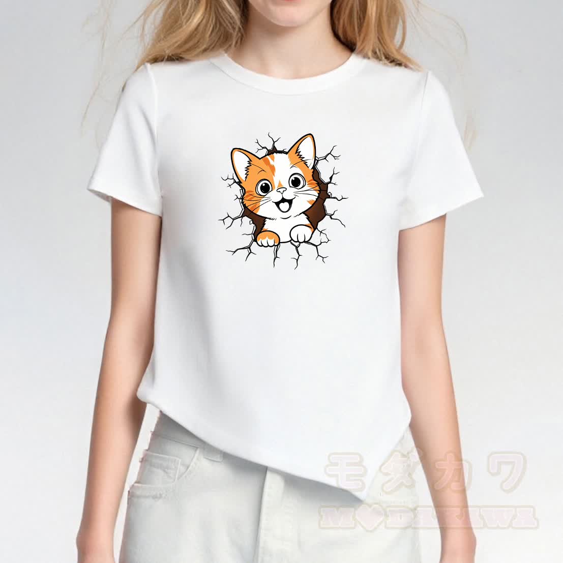 Modakawa Asymmetrisches T-Shirt mit niedlichem Katzenmotiv - image 2