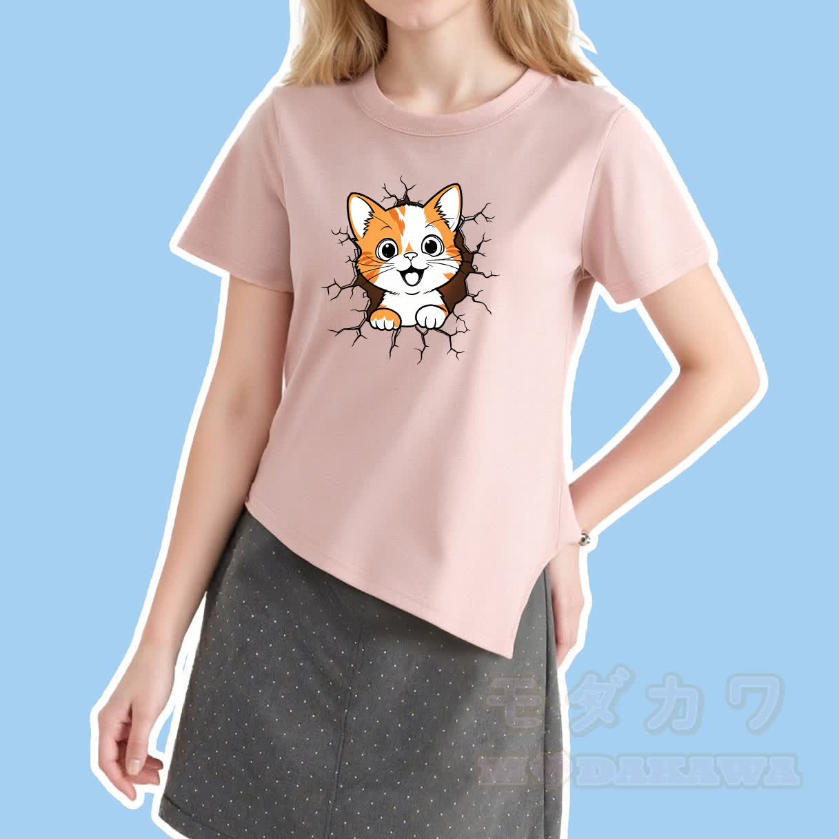 Modakawa Asymmetrisches T-Shirt mit niedlichem Katzenmotiv - image 1