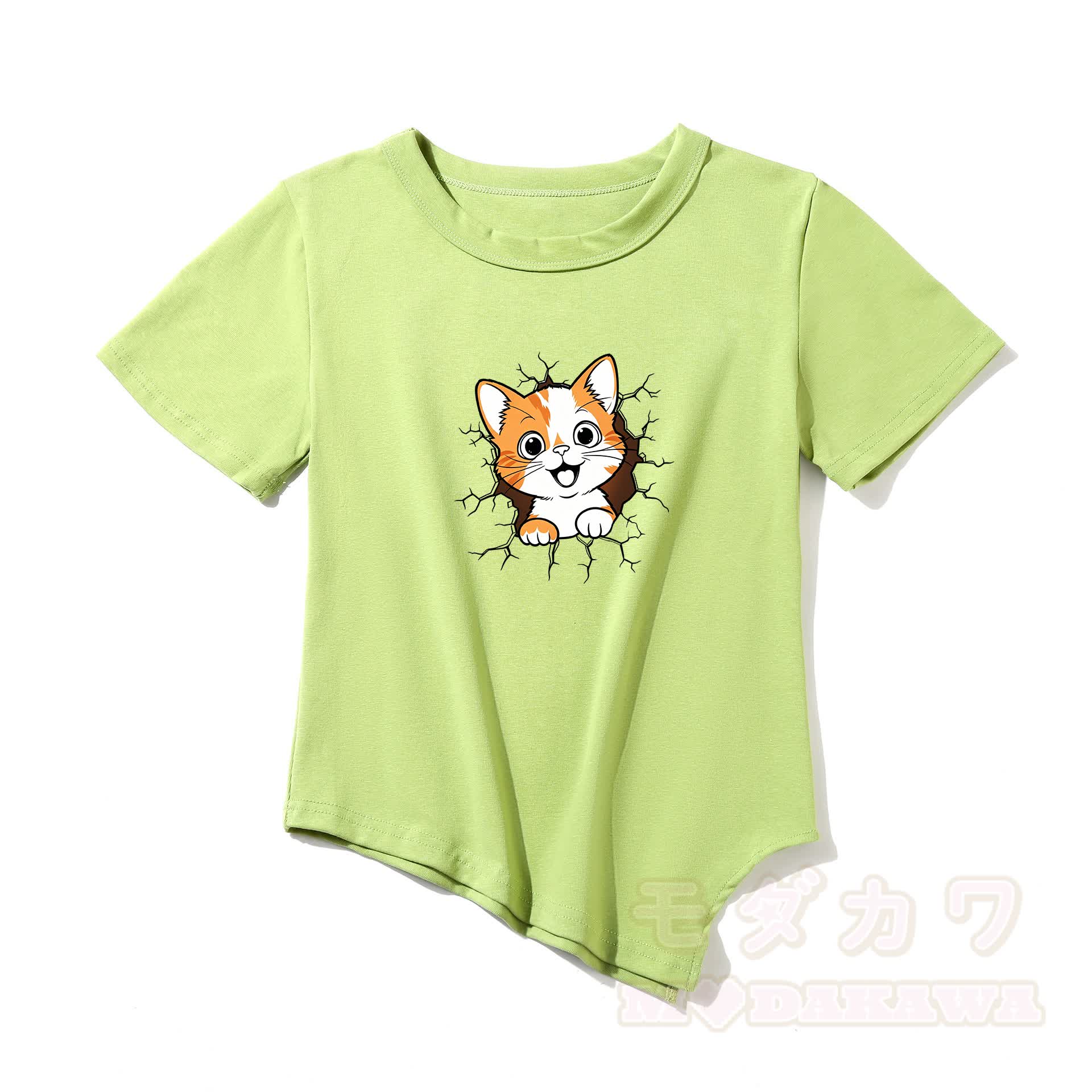 Modakawa Asymmetrisches T-Shirt mit niedlichem Katzenmotiv - Grün - One Size - image 6