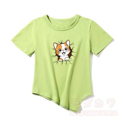 Modakawa Asymmetrisches T-Shirt mit niedlichem Katzenmotiv - Grün - One Size - image 6