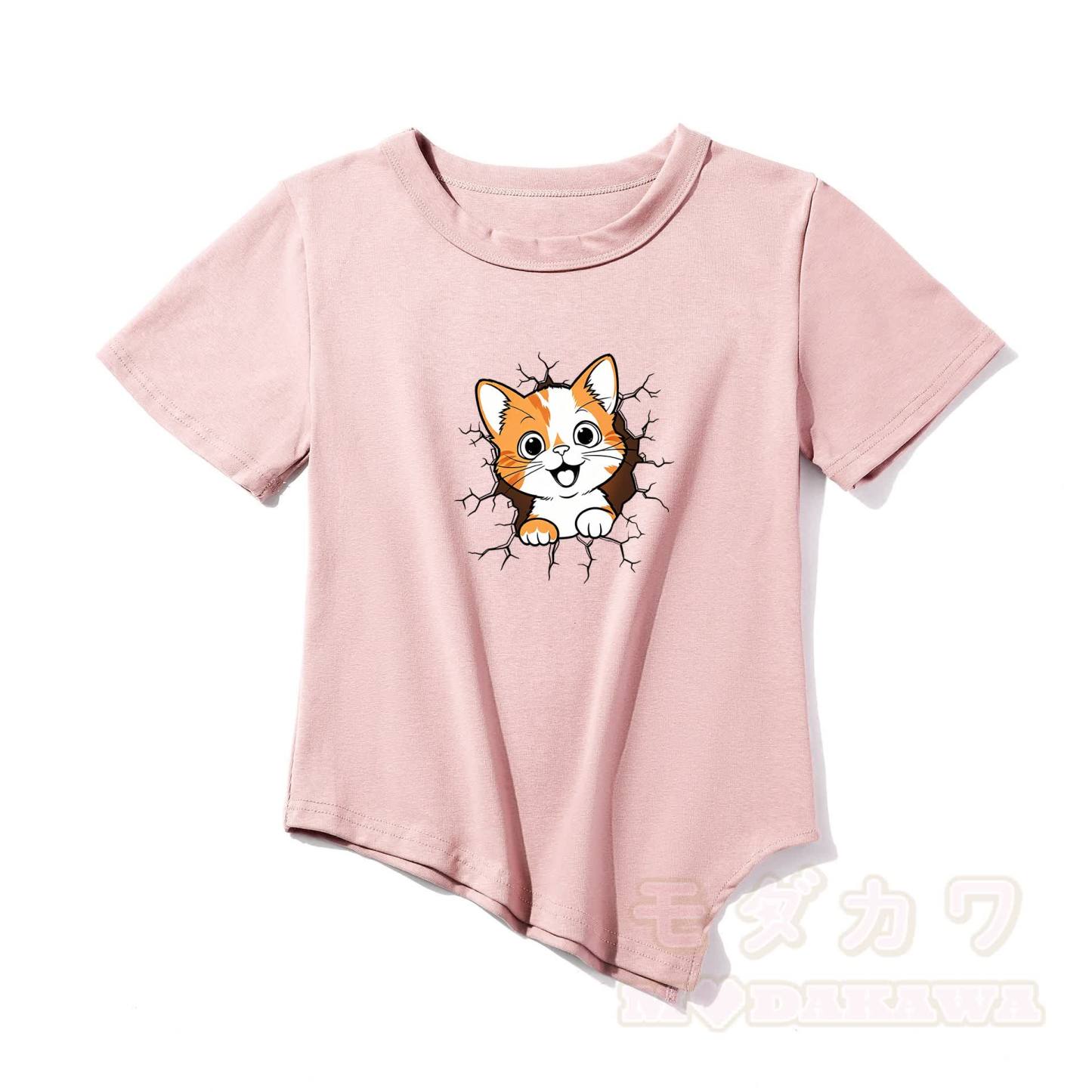 Modakawa Asymmetrisches T-Shirt mit niedlichem Katzenmotiv - Rosa - One Size - image 3