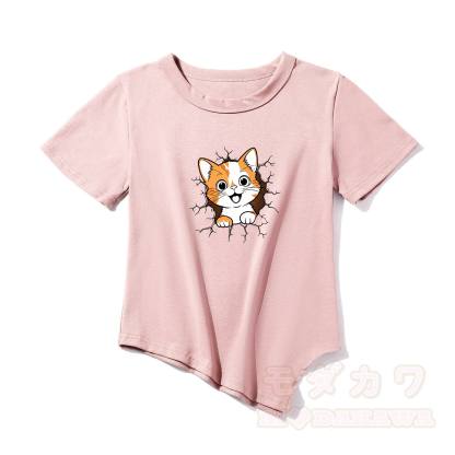 Modakawa Asymmetrisches T-Shirt mit niedlichem Katzenmotiv - Rosa - One Size - image 3