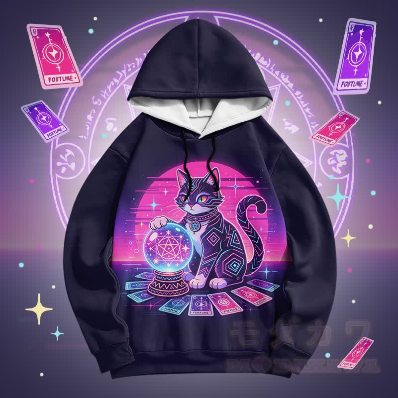 Modakawa Pullover-Hoodie mit mystischem Tarot-Katzen-Kristallkugel-Modifikator - Schwarz - 6XL - image 1