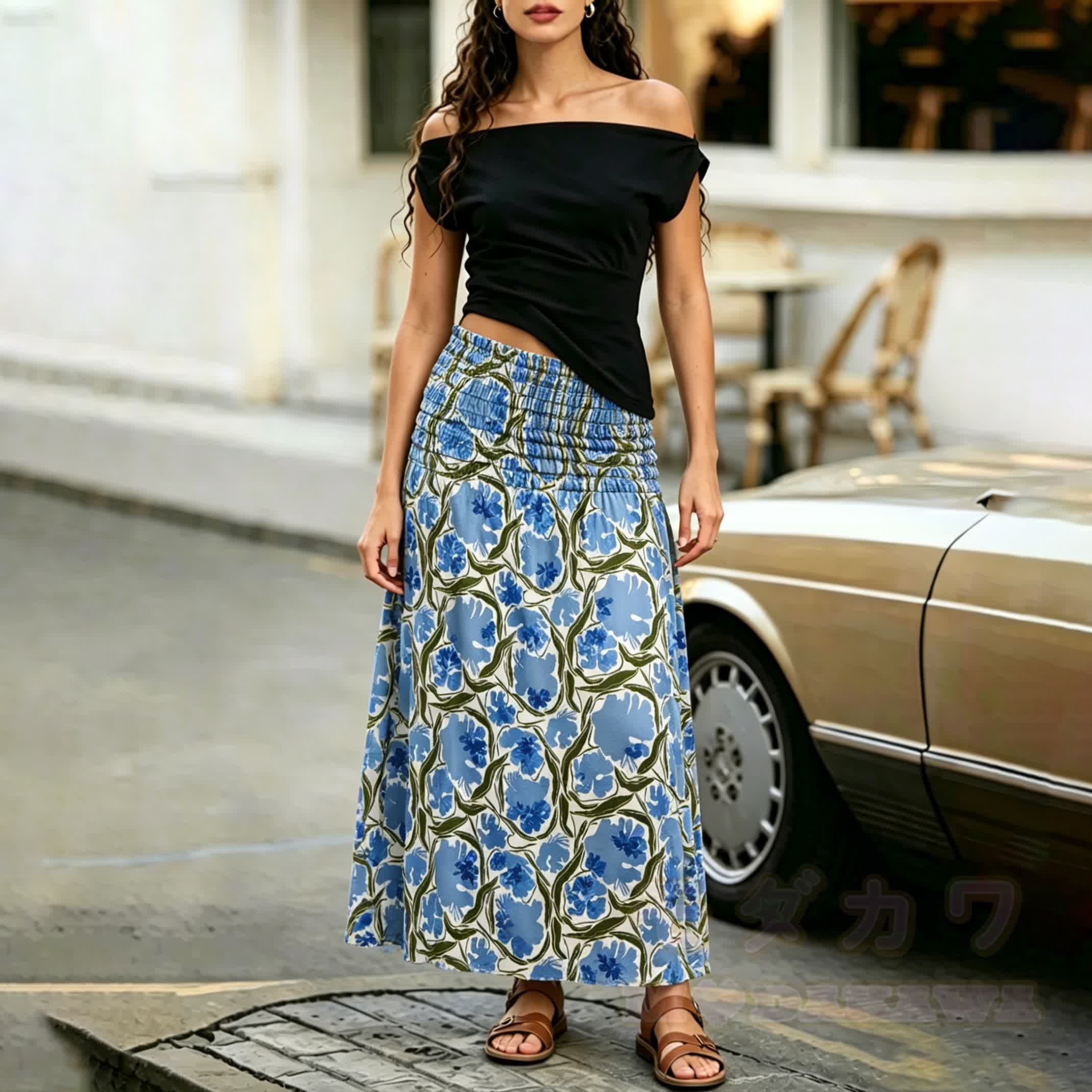 2-in-1-Kleid in Blau mit Blumenmuster, gerafft und trägerlos, Midi-Länge - image 3