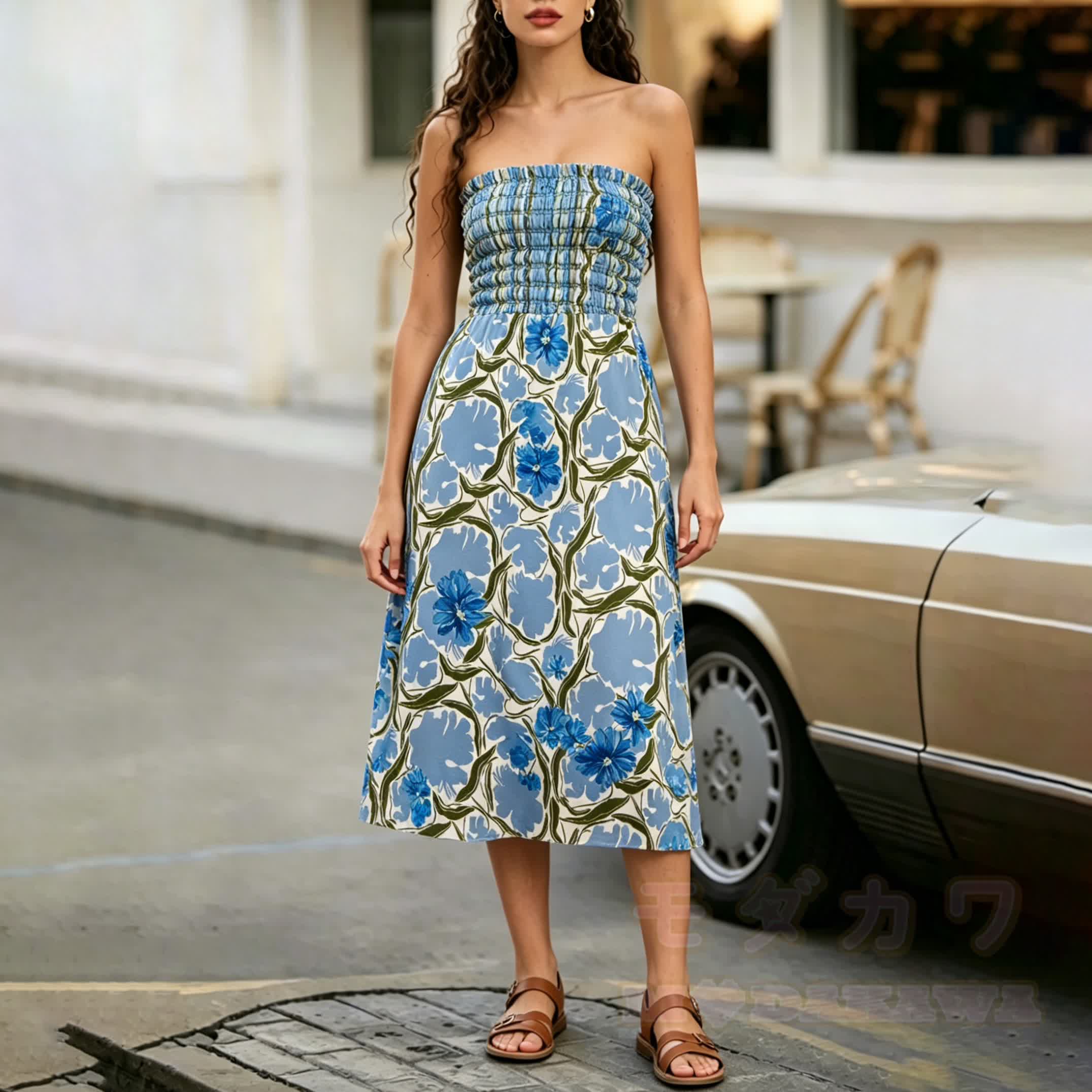 2-in-1-Kleid in Blau mit Blumenmuster, gerafft und trägerlos, Midi-Länge - image 2