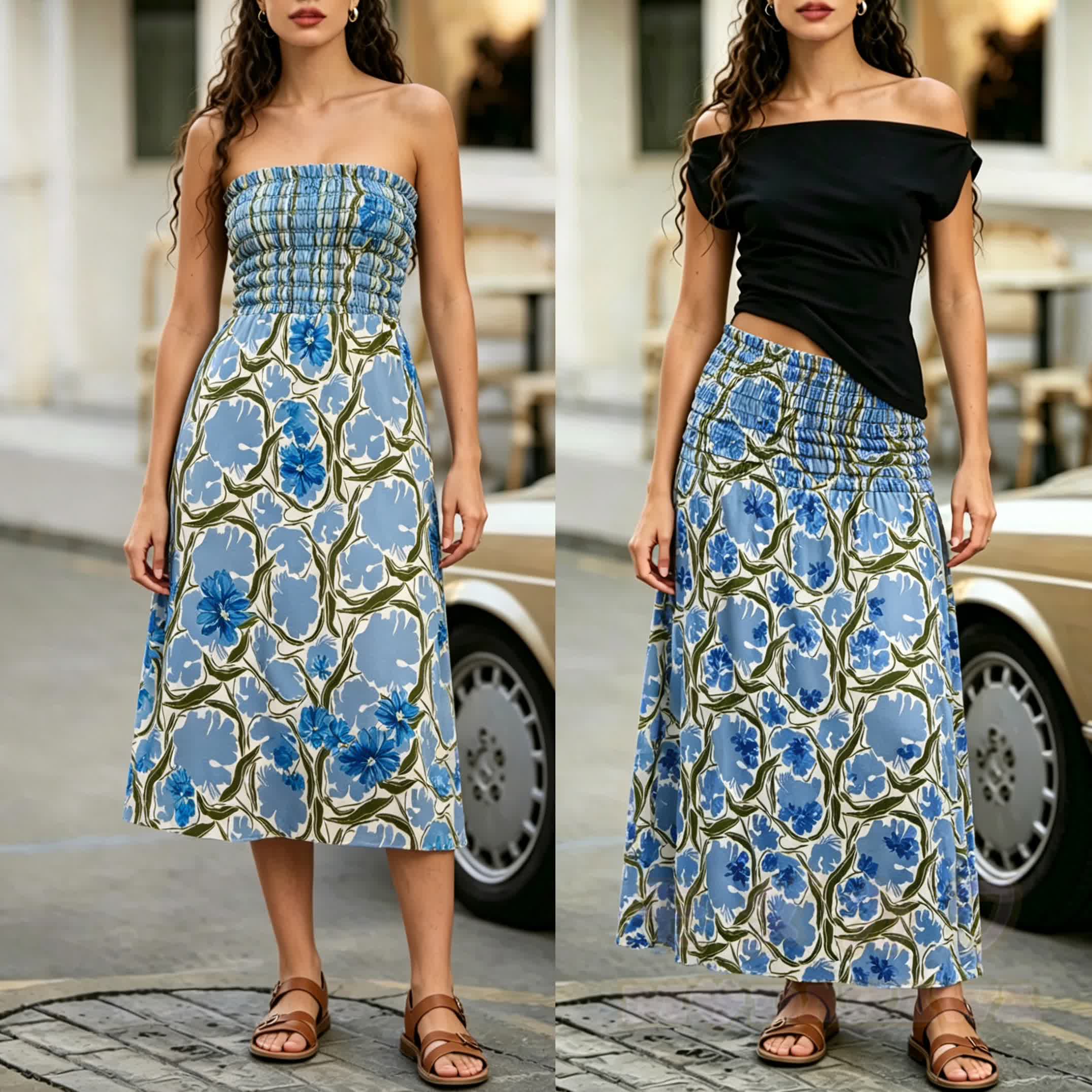 2-in-1-Kleid in Blau mit Blumenmuster, gerafft und trägerlos, Midi-Länge - Blau - 4XL - image 1