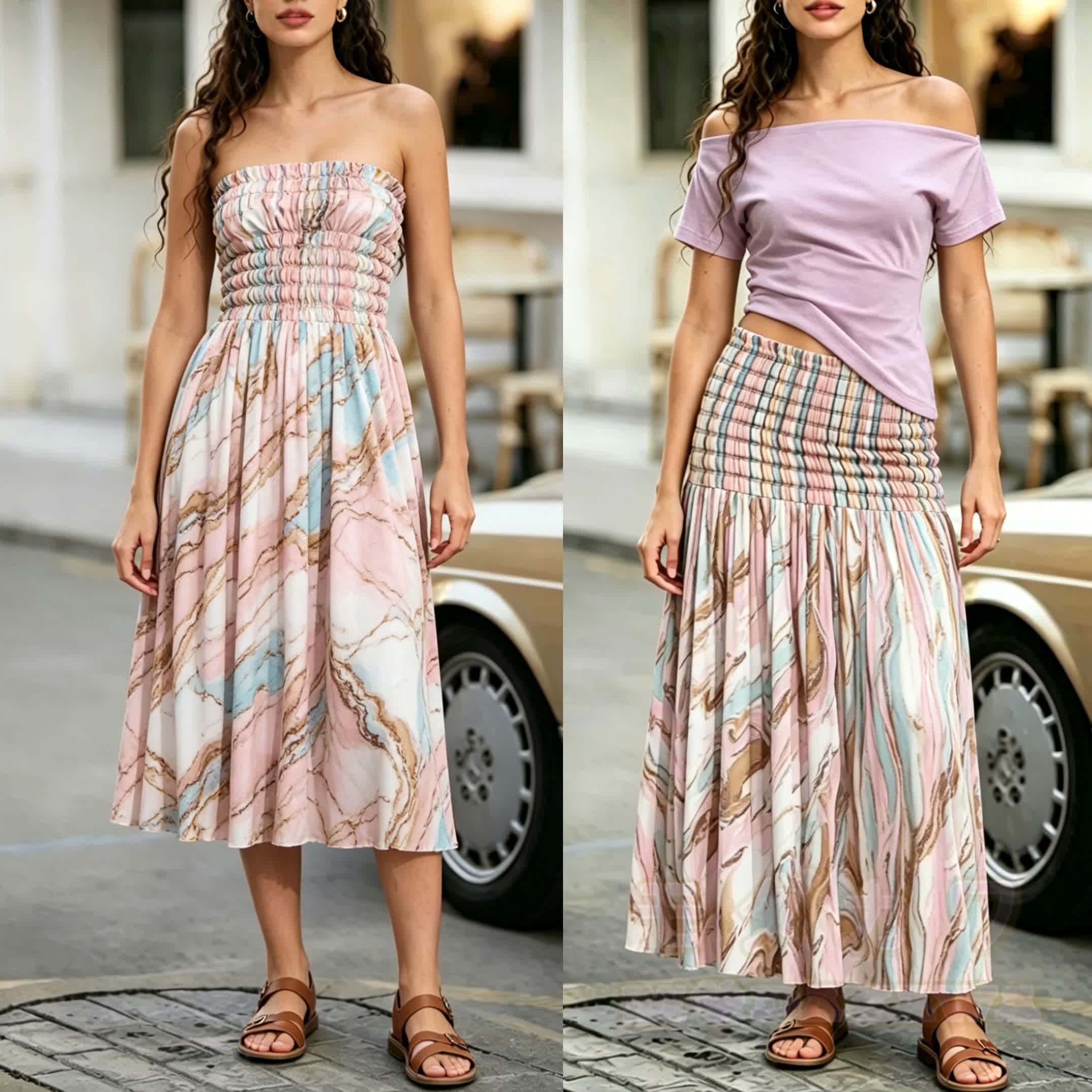 2-in-1-Midikleid mit Marmor-Smock-Details, trägerlos - Rosa - 4XL - image 1