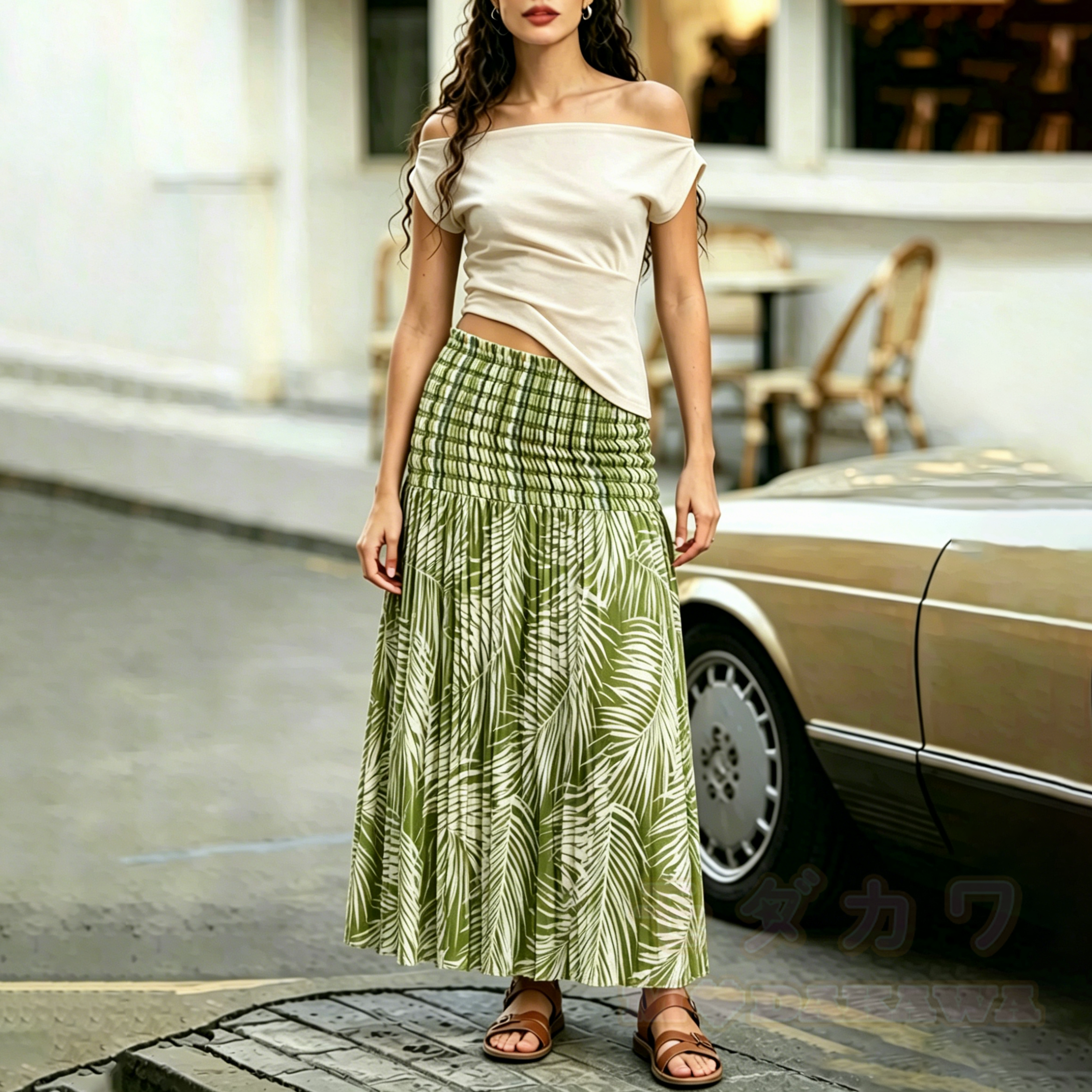 2-in-1-Maxikleid mit tropischem Blättermuster, gerafft und trägerlos - image 2