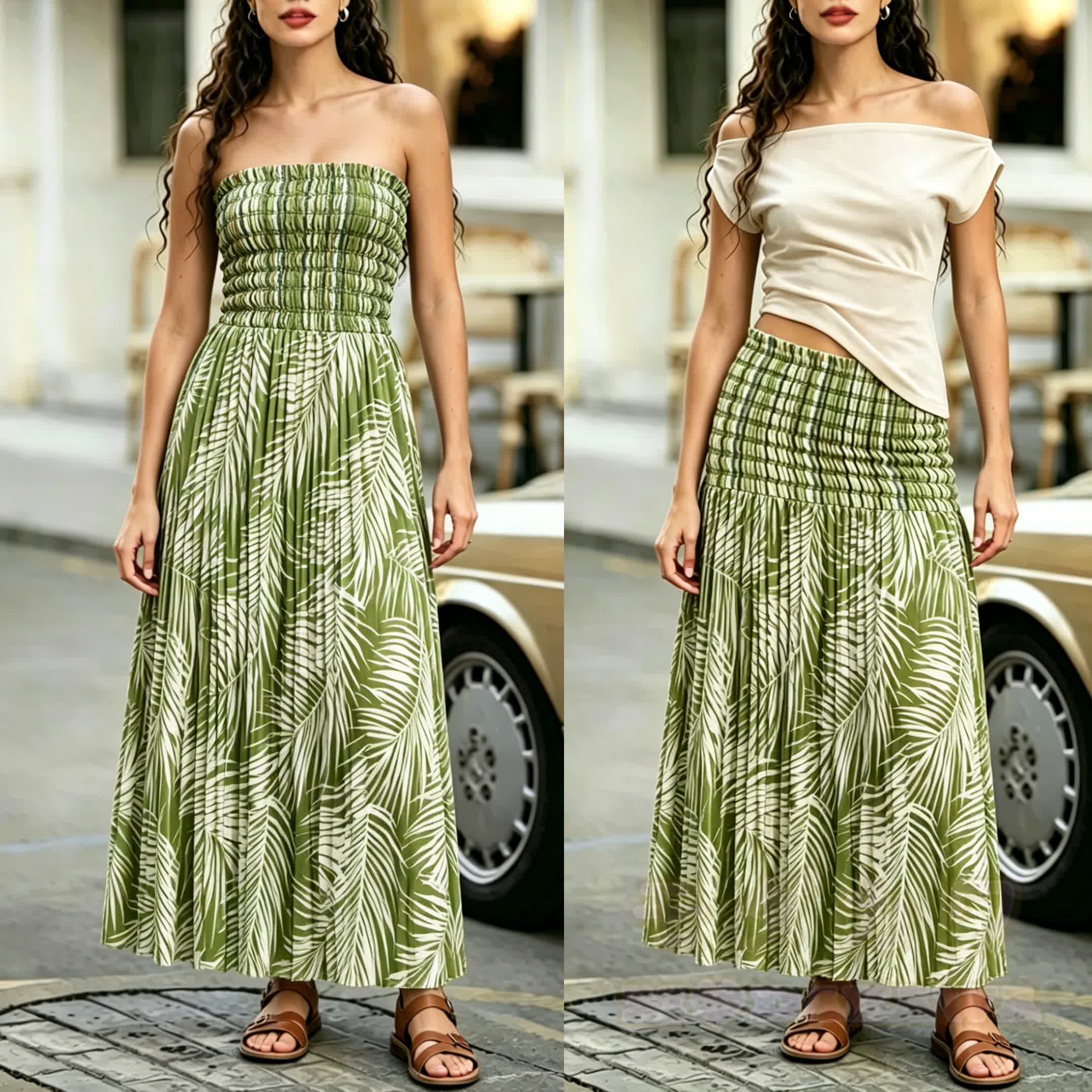 2-in-1-Maxikleid mit tropischem Blättermuster, gerafft und trägerlos - Grün - 4XL - image 1