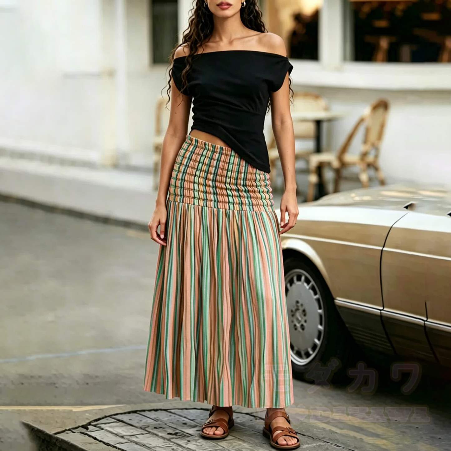 2-in-1 Boho-Streifenkleid mit Smokdetails, trägerlos, Midi-Länge - image 3