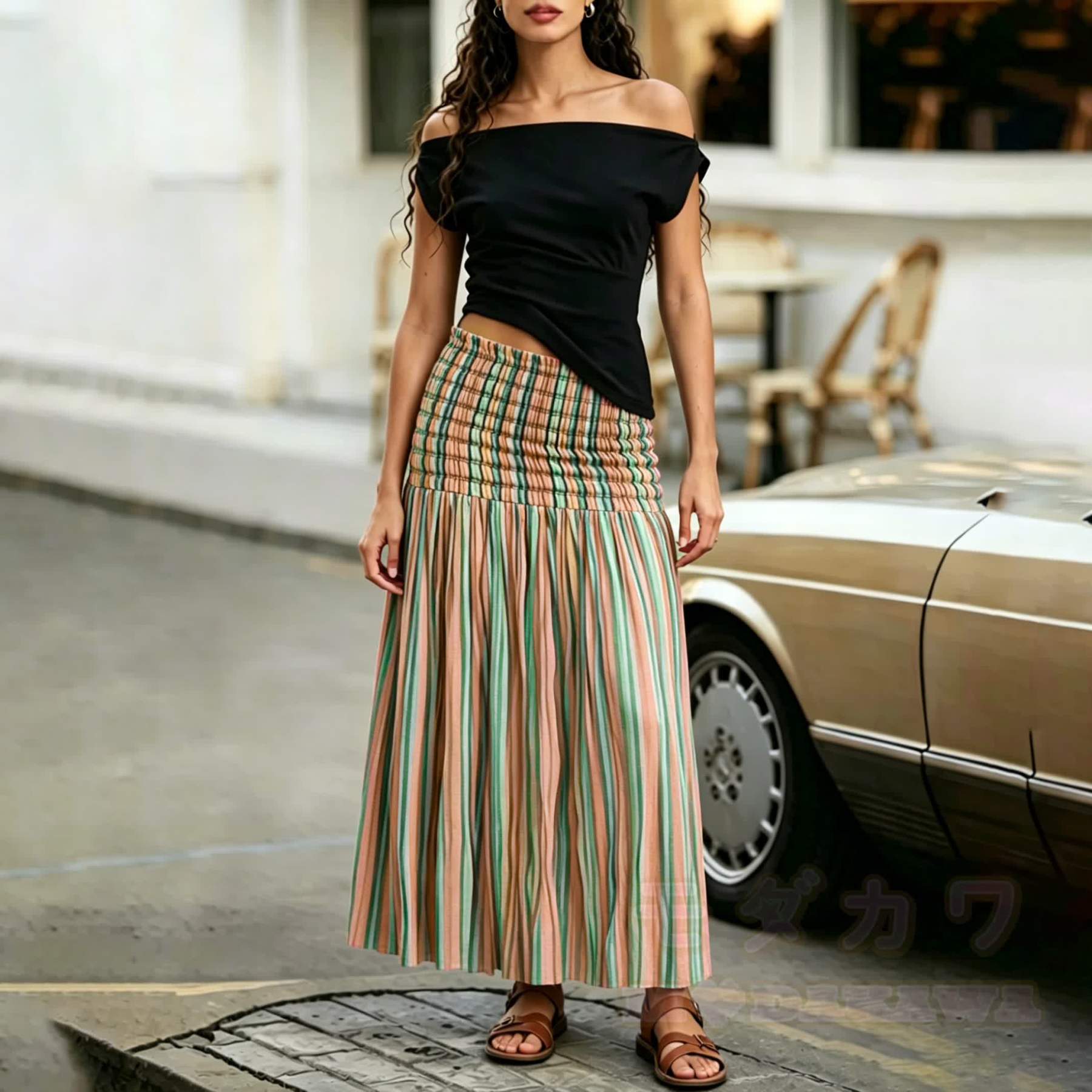 2-in-1 Boho-Streifenkleid mit Smokdetails, trägerlos, Midi-Länge - image 3