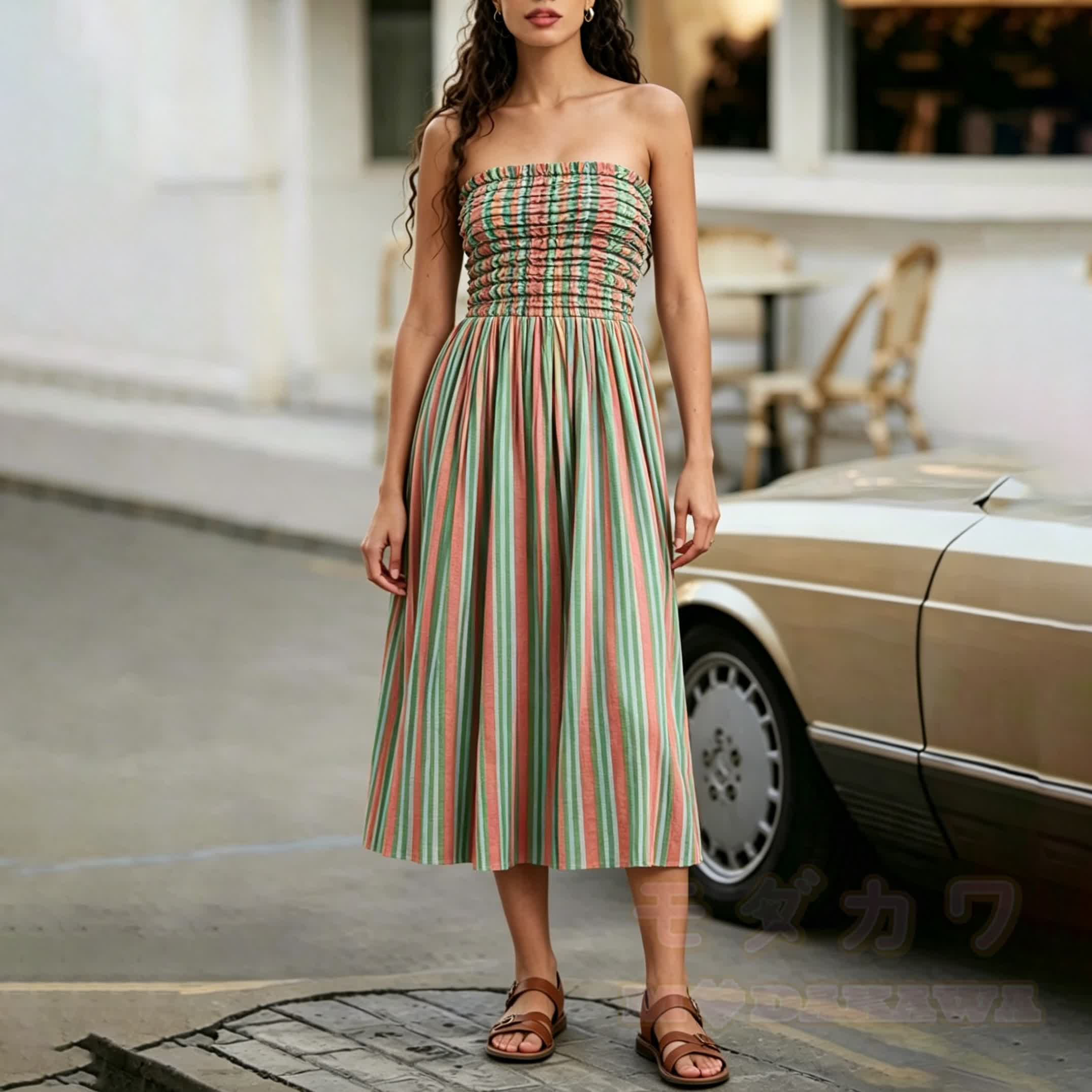 2-in-1 Boho-Streifenkleid mit Smokdetails, trägerlos, Midi-Länge - image 2