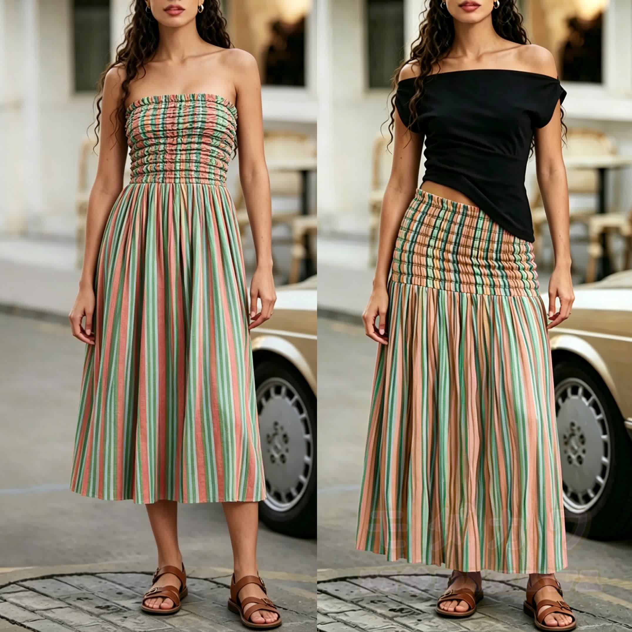 2-in-1 Boho-Streifenkleid mit Smokdetails, trägerlos, Midi-Länge - Mehrfarbig - 4XL - image 1