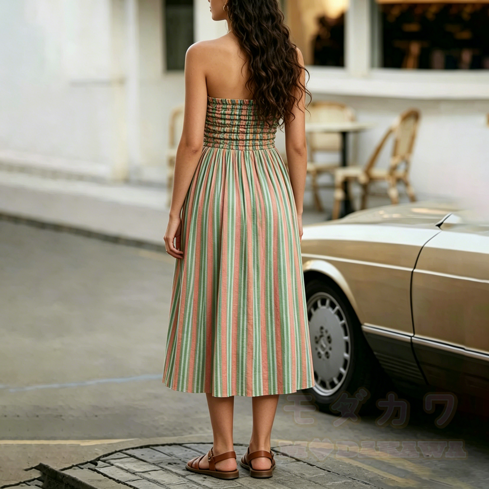 2-in-1 Boho-Streifenkleid mit Smokdetails, trägerlos, Midi-Länge - image 4