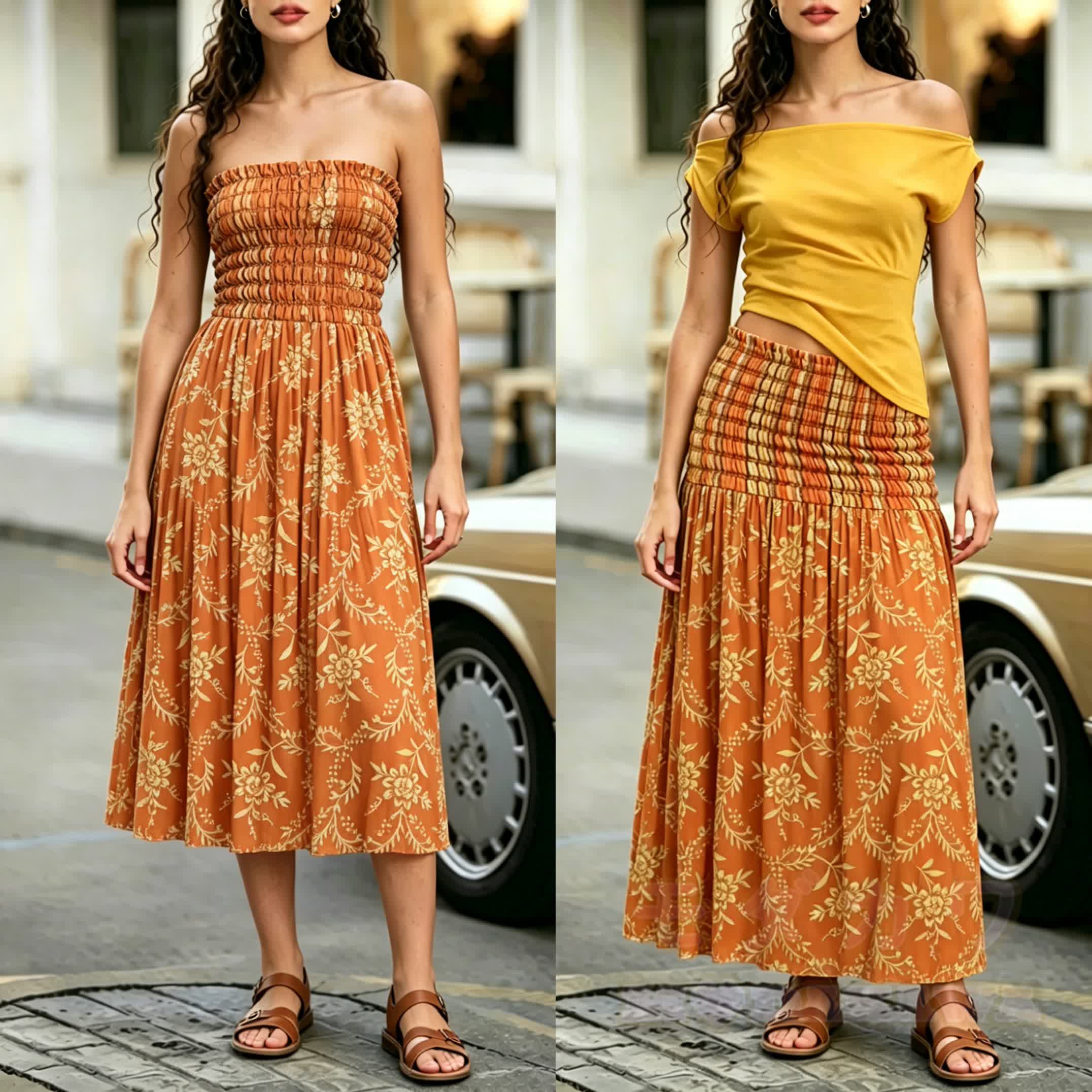 2-in-1-Midikleid mit Blumenmuster und Smokdetails, trägerlos - Orange - 4XL - image 1