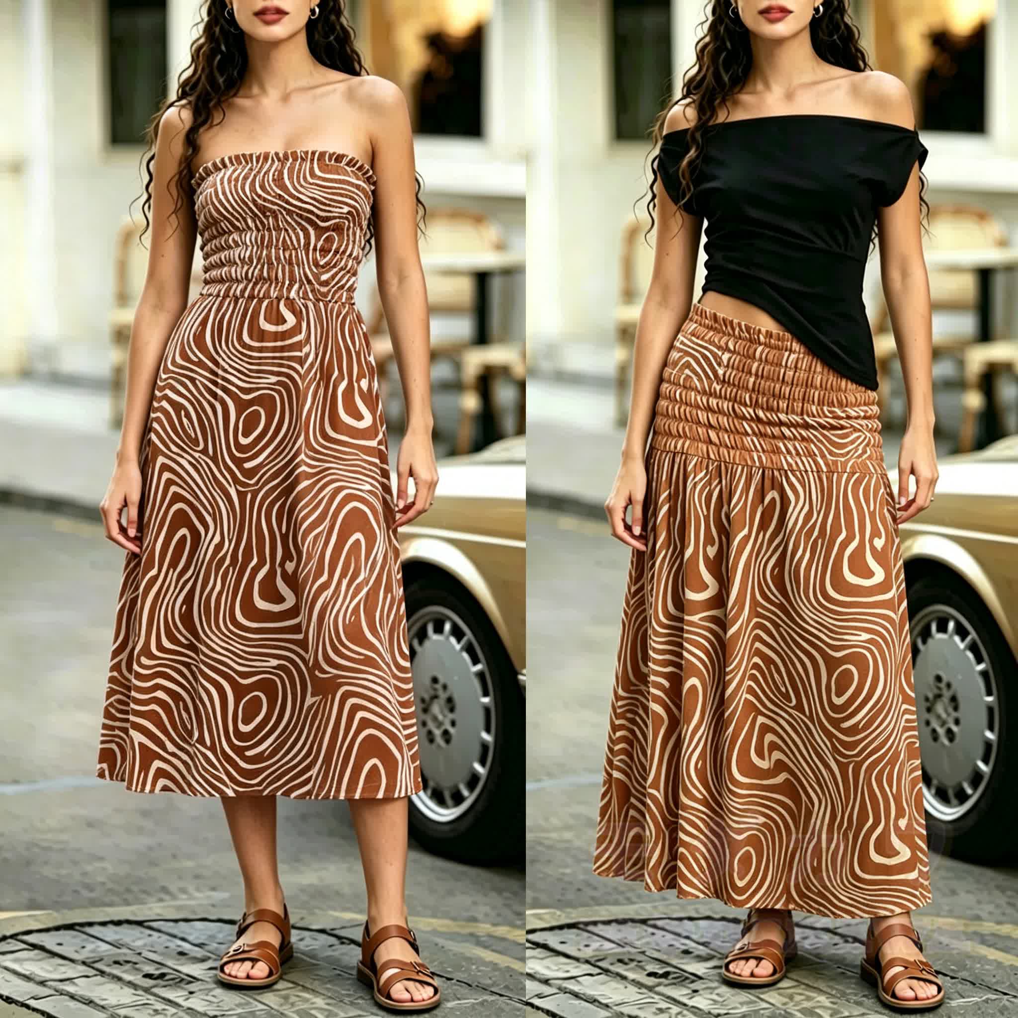 2-in-1-Kleid, abstrakt, gerafft, trägerlos, Midi-Länge - Braun - 4XL - image 1