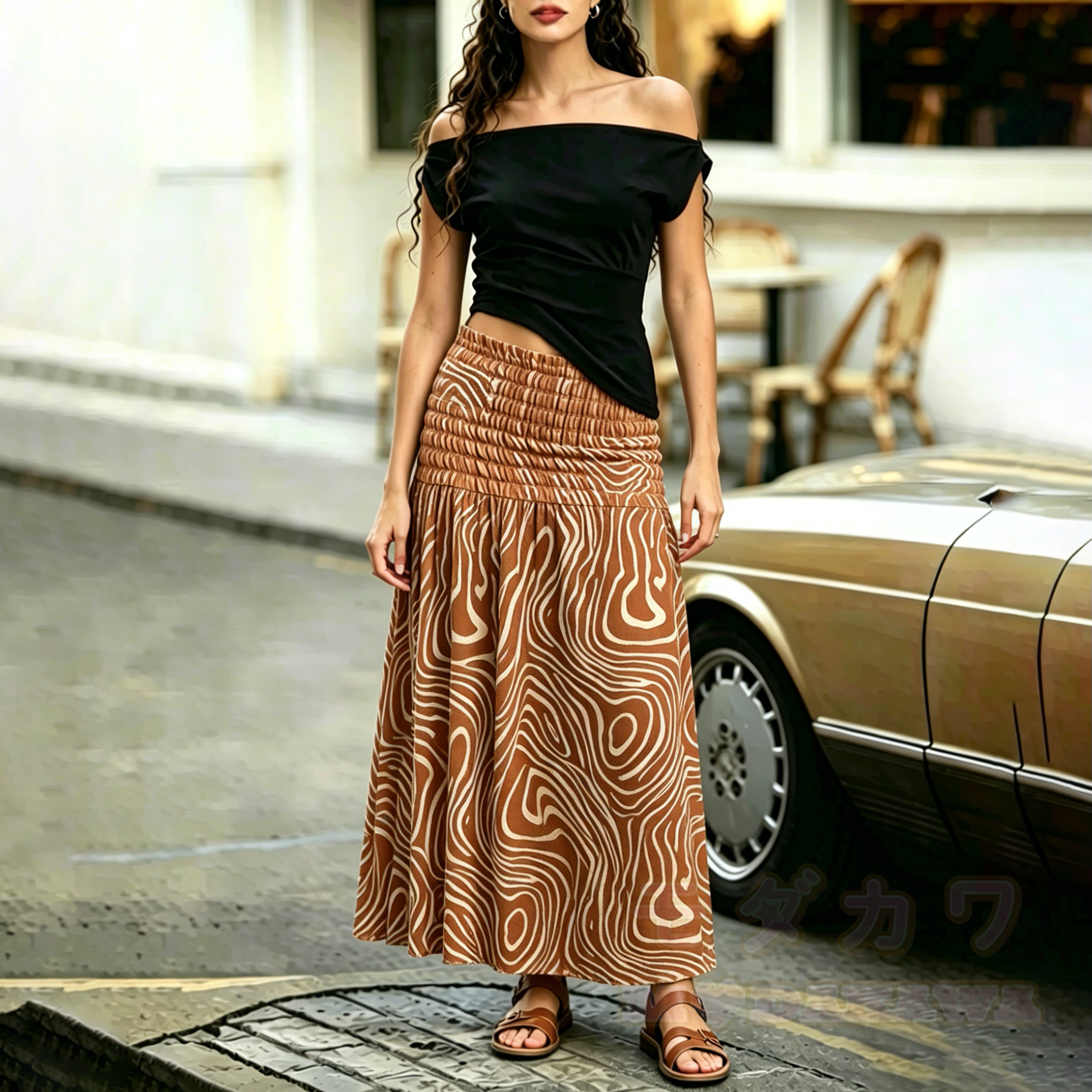 2-in-1-Kleid, abstrakt, gerafft, trägerlos, Midi-Länge - image 3