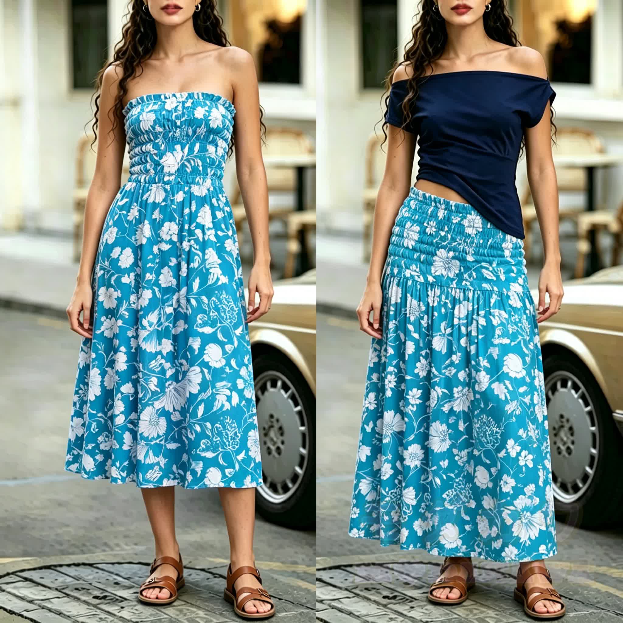 2-in-1-Kleid in Blau mit Blumenmuster, gerafft und trägerlos – trägerloses Midikleid - Blau - 4XL - image 1