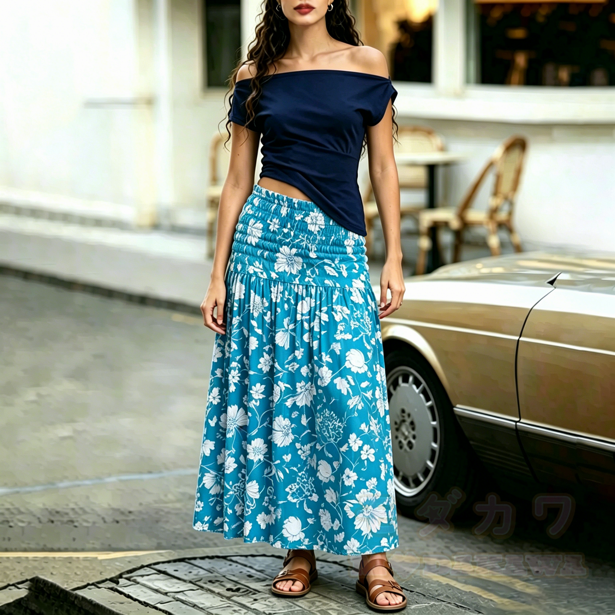 2-in-1-Kleid in Blau mit Blumenmuster, gerafft und trägerlos – trägerloses Midikleid - image 3