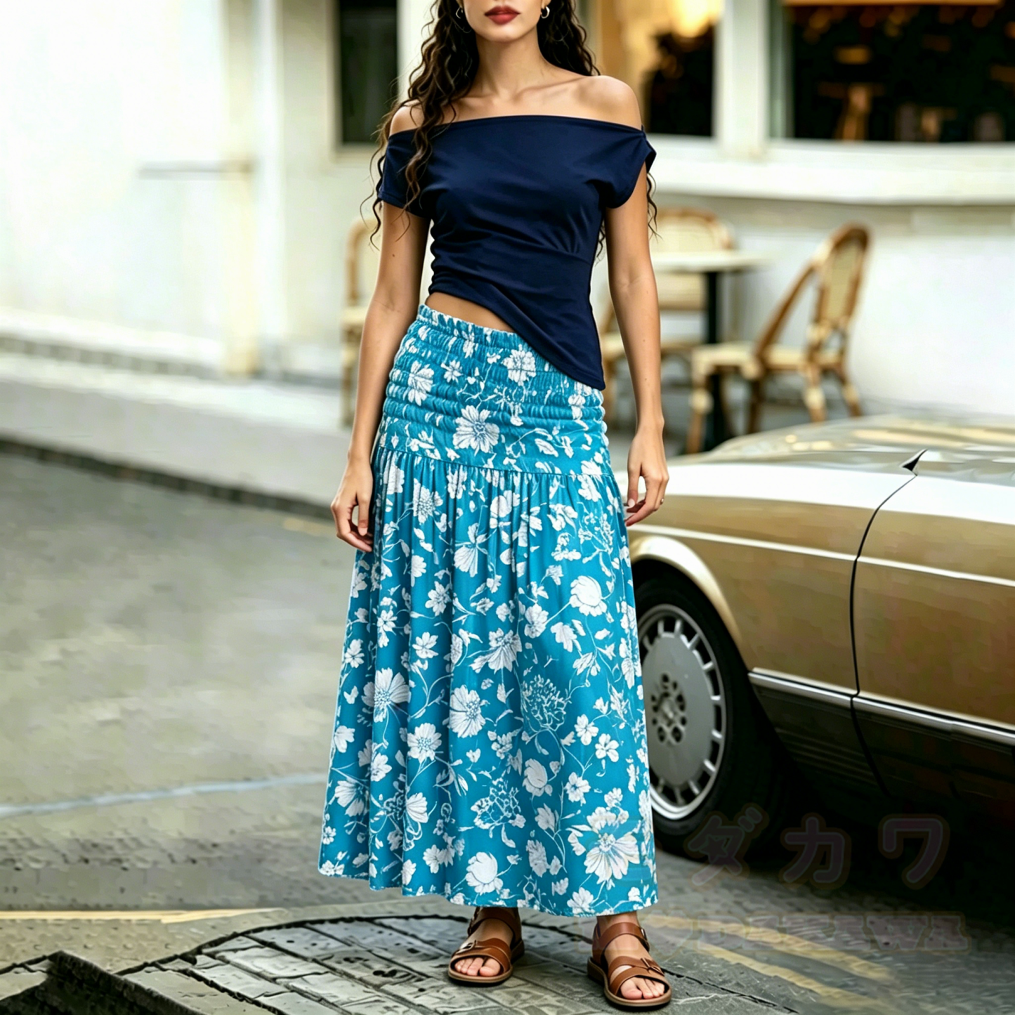 2-in-1-Kleid in Blau mit Blumenmuster, gerafft und trägerlos – trägerloses Midikleid - image 3